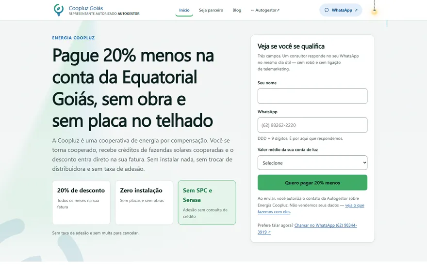 Página inicial do site Coopluz